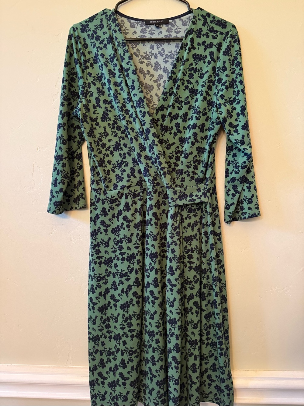 Hailey 23 Green Navy Blue Floral Meesha Faux Wrap Dress
